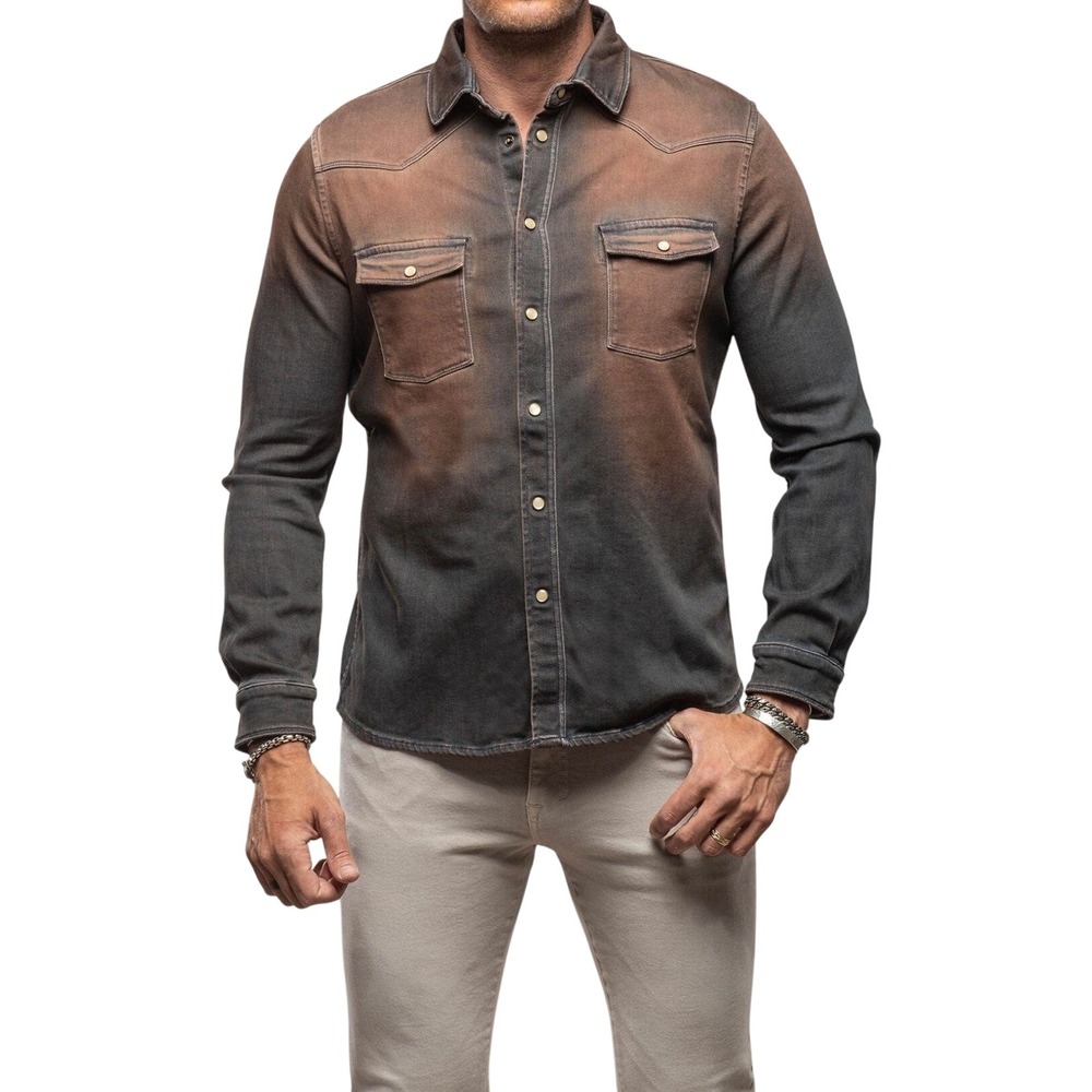 Teleria Zed Roper Over Dyed Western Premium Denim Snap Shirt Mens XXL Italy New